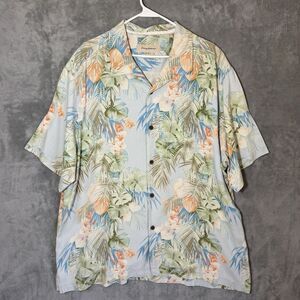 Tommy Bahama Shirt XXL 100% Silk Blue Orange Hibiscus Floral Island Camp Men